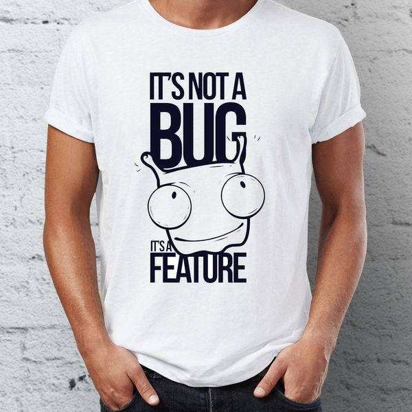 men's t shirt it's not a bug it's a feature funny programmer tee, White;black
men's t shirt it's not a bug it's a feature funny programmer tee, White;black