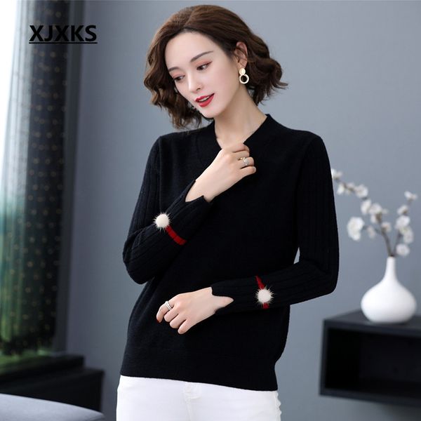 xjxks 2020 spring new fashion v-neck wool ball women sweater casual women cashmere knitted sweater pullover, White;black
xjxks 2020 spring new fashion v-neck wool ball women sweater casual women cashmere knitted sweater pullover, White;black