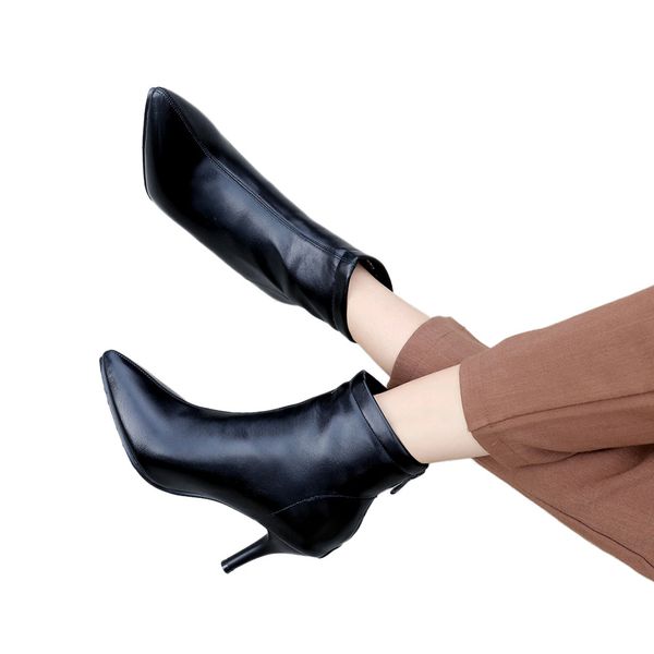 women's pointed-toe shoes side zipper high heel short plush fashion ankle boots, Black
women's pointed-toe shoes side zipper high heel short plush fashion ankle boots, Black