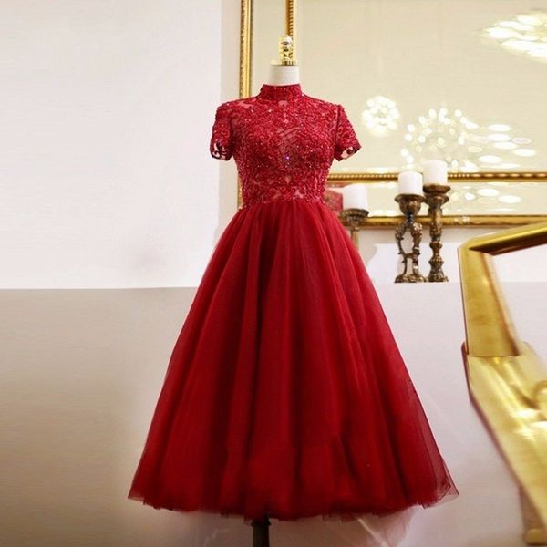 modest red tea length prom dresses lace tulle shiny beaded crystal short sleeves evening gowns high collar party dress vestidos, Black
modest red tea length prom dresses lace tulle shiny beaded crystal short sleeves evening gowns high collar party dress vestidos, Black