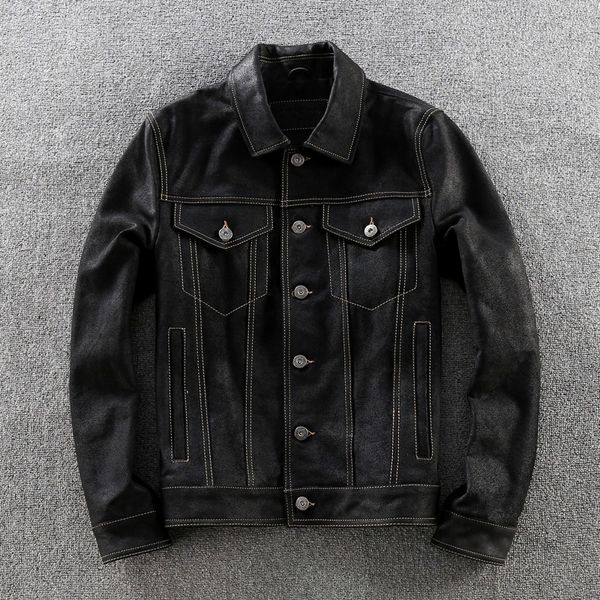 gravel men's fashion cowskin genuine denim style slim fit real coat men casual leather jacket male, Black
gravel men's fashion cowskin genuine denim style slim fit real coat men casual leather jacket male, Black