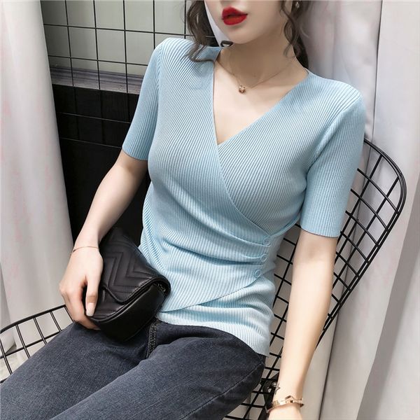 irregular button short-sleeved buttons women's knitted slim and versatile v-neck irregular button short-sleeved t-shirt t-shirt buttons, White
irregular button short-sleeved buttons women's knitted slim and versatile v-neck irregular button short-sleeved t-shirt t-shirt buttons, White