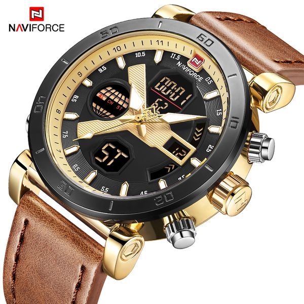 

naviforce men's creative sport chronograph watch men fashion quartz dual display clock watch male wristwatches relogio masculino, Slivery;brown