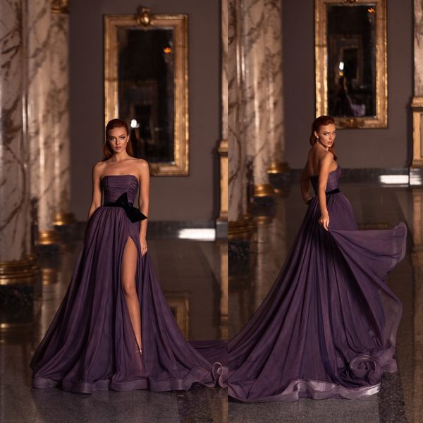 side split a line prom dresses strapless bow sleeveless tulle party gowns sweep train prom gowns, Black
side split a line prom dresses strapless bow sleeveless tulle party gowns sweep train prom gowns, Black