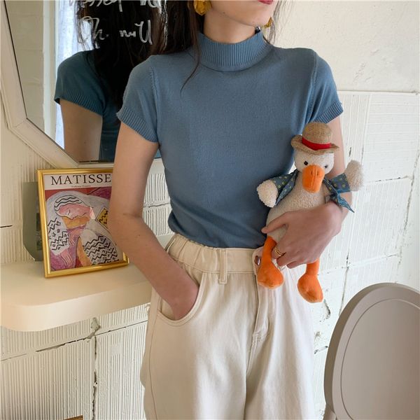 9 colors chic stand collar summer women knit short sleeve stretched slim female knitting a009, White
9 colors chic stand collar summer women knit short sleeve stretched slim female knitting a009, White