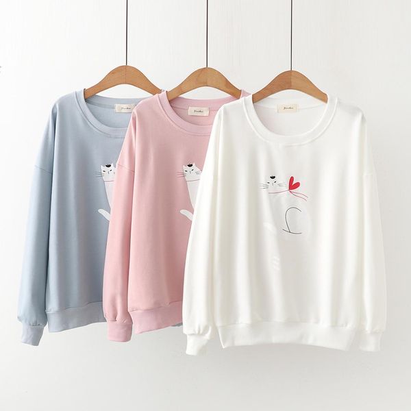 sweet autumn new installation fresh cute cartoon heart cat printed crew neck loose-fit slimming thin embroidered hoodie, Black 
sweet autumn new installation fresh cute cartoon heart cat printed crew neck loose-fit slimming thin embroidered hoodie, Black