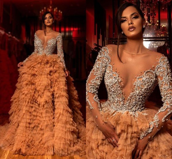 2020 luxurious gold tiered tulle evening dress beaded crystals sheer neck prom dresses long sleeves formal gowns vestidos de gala, Black
2020 luxurious gold tiered tulle evening dress beaded crystals sheer neck prom dresses long sleeves formal gowns vestidos de gala, Black