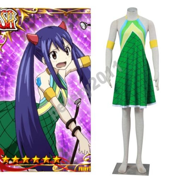 fairy tail wendy marvell green dress cosplay costume children costume, Black;red