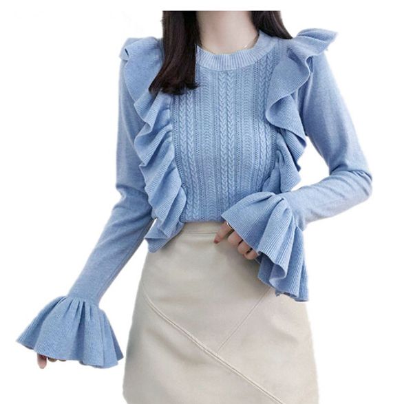 white blue fashion sweet autumn women sweaters knitting pullovers korean sky blue ruffles crochet knitted long flare sleeve sweater jumper, White;black
white blue fashion sweet autumn women sweaters knitting pullovers korean sky blue ruffles crochet knitted long flare sleeve sweater jumper, White;black