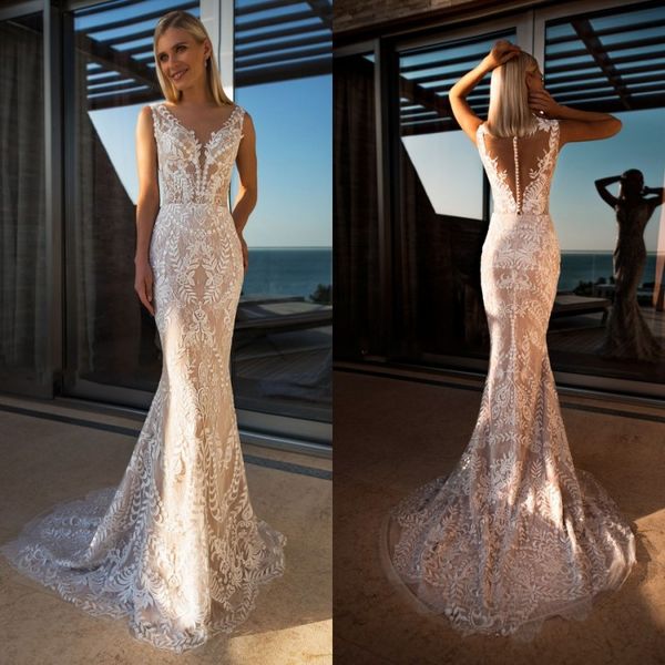2020 simple mermaid wedding dresses deep v neck sleeveless covered button appliques lace wedding dress sweep train bridal gowns, White
2020 simple mermaid wedding dresses deep v neck sleeveless covered button appliques lace wedding dress sweep train bridal gowns, White
