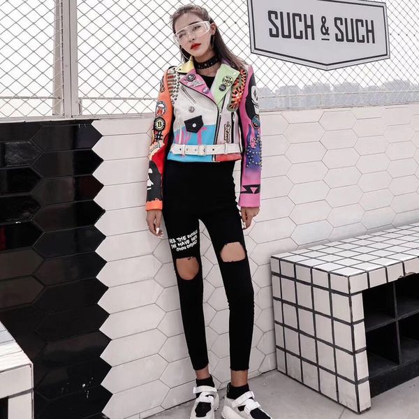 women's pu leather jackets graffiti skull letter print punk motorcycle biker zip rivet waist woman's coats contrast color outerwea, Black
women's pu leather jackets graffiti skull letter print punk motorcycle biker zip rivet waist woman's coats contrast color outerwea, Black