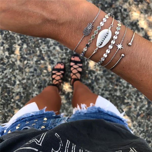6 pcs/set women fashion bracelets silver star pineapple shell sequin chain bracelet set beach charm jewelry accessories, Black
6 pcs/set women fashion bracelets silver star pineapple shell sequin chain bracelet set beach charm jewelry accessories, Black