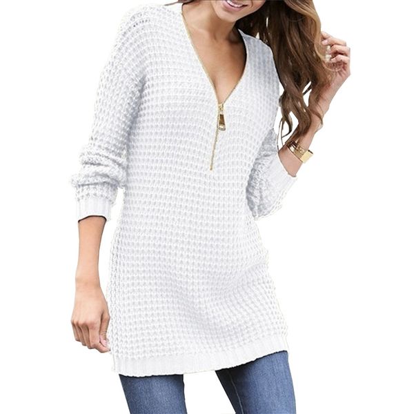 women's sweaters sweater long zipper v-neck long-sleeved pullover dress, White;black
women's sweaters sweater long zipper v-neck long-sleeved pullover dress, White;black