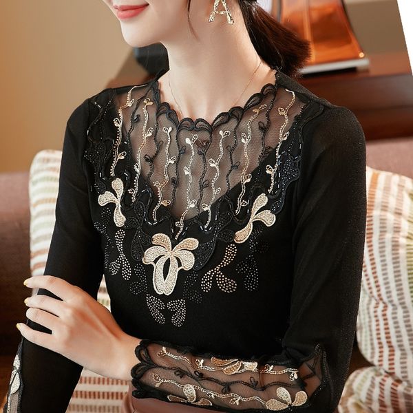 shirt embroidered lace ladies' 2020 lace embroidery large size mesh base shirt, White 
shirt embroidered lace ladies' 2020 lace embroidery large size mesh base shirt, White