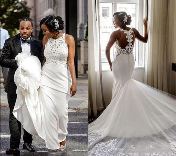 gorgeous mermaid wedding dresses sleeveless lace applique illusion chapel train custom made beach wedding gown plus size robe de mariee, White
gorgeous mermaid wedding dresses sleeveless lace applique illusion chapel train custom made beach wedding gown plus size robe de mariee, White