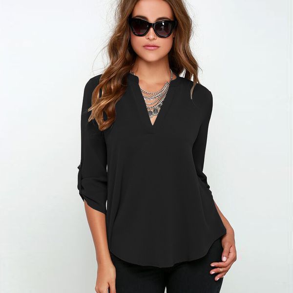 

women summer style chiffon blouses shirts lady girls casual long sleeve v-neck blusas s-6xl plus size df1071, White