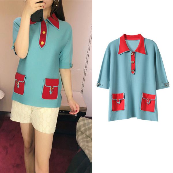 new loose 100 lapel single row button short sleeve pocket blue stitching knitted sa0526, White;black
new loose 100 lapel single row button short sleeve pocket blue stitching knitted sa0526, White;black