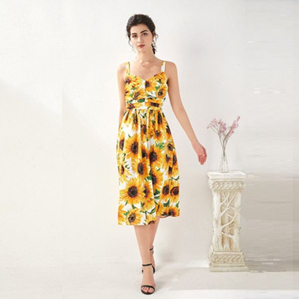 fashion summer women yellow sunflowers floral print runway dress elegant spaghetti strap party dresses, Black;gray
fashion summer women yellow sunflowers floral print runway dress elegant spaghetti strap party dresses, Black;gray