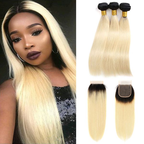 

ombre blonde hair 3 bundles with 4x4 lace closure 1b 613 ombre blonde color straight hair wefts brazilian human hair blonde extensions, Black;brown