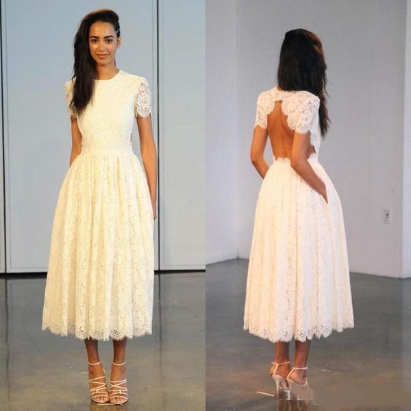 vintage tea length lace wedding dresses short sleeves summer beach short bridal gowns simple party gowns, White
vintage tea length lace wedding dresses short sleeves summer beach short bridal gowns simple party gowns, White