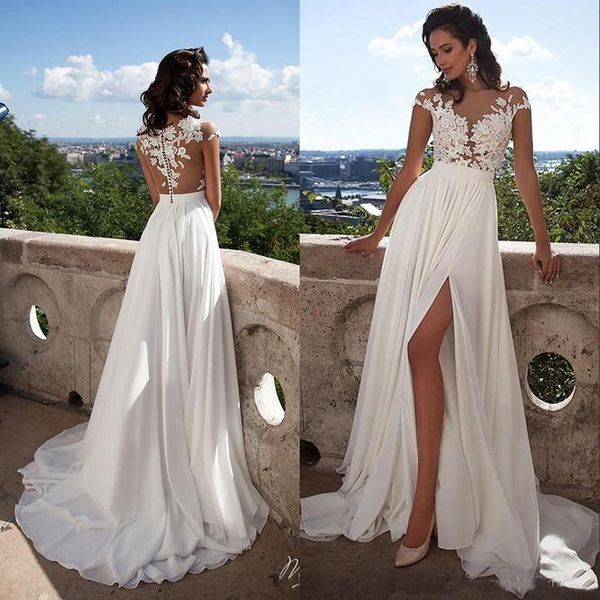 summer beach lace appliqued a line wedding dresses capped sleeves high split side chiffon wedding bridal gowns, White
summer beach lace appliqued a line wedding dresses capped sleeves high split side chiffon wedding bridal gowns, White