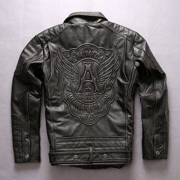motorcycle men's vintage with belt pattern lapel zipper cow leather coat men slim fit rivet biker jacket male, Black
motorcycle men's vintage with belt pattern lapel zipper cow leather coat men slim fit rivet biker jacket male, Black