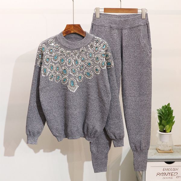 2 piece sequined knitted sweaters pants suit european style knitting pullover trousers women set, White 
2 piece sequined knitted sweaters pants suit european style knitting pullover trousers women set, White