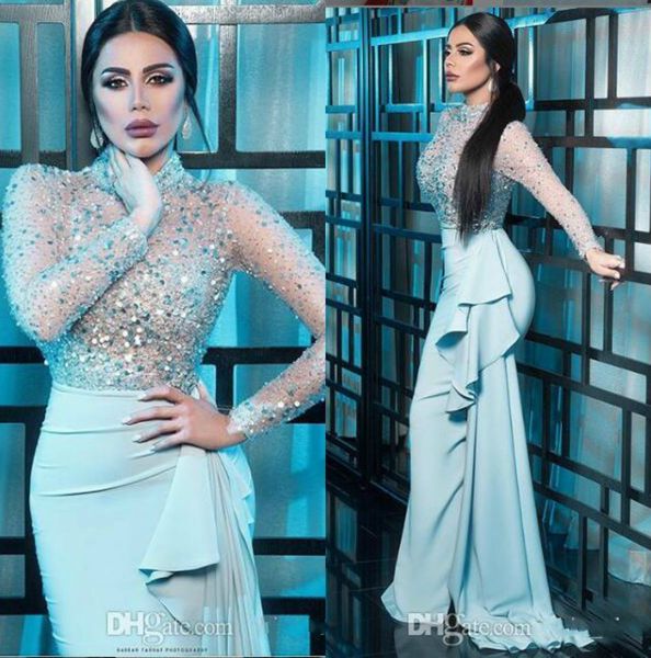 light blue evening dresses beaded sequins high neck lace long sleeve mermaid prom dresses formal party pageant gowns, Black;red
light blue evening dresses beaded sequins high neck lace long sleeve mermaid prom dresses formal party pageant gowns, Black;red