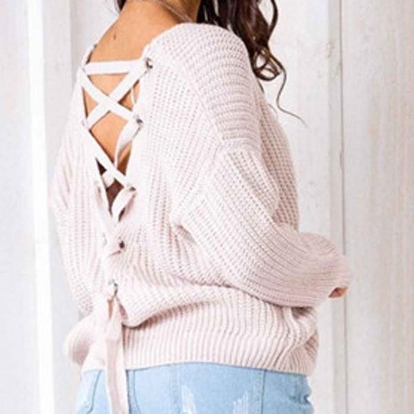 women fall winter long sleeve sweaters v back criss cross bandage knitted pullovers jumpers v neck sweaters, White;black
women fall winter long sleeve sweaters v back criss cross bandage knitted pullovers jumpers v neck sweaters, White;black