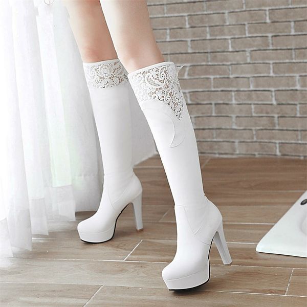 lace upper winter shoes woman high heels knee-high boots platform party women's shoes, Black
lace upper winter shoes woman high heels knee-high boots platform party women's shoes, Black