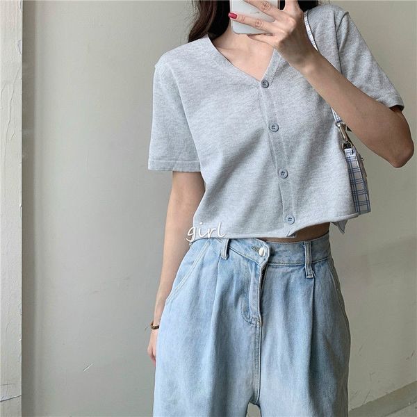 6 colors new summer women casual solid loose v-neck short sleeve knitted t-shirts female chic button sports crop tees, White
6 colors new summer women casual solid loose v-neck short sleeve knitted t-shirts female chic button sports crop tees, White