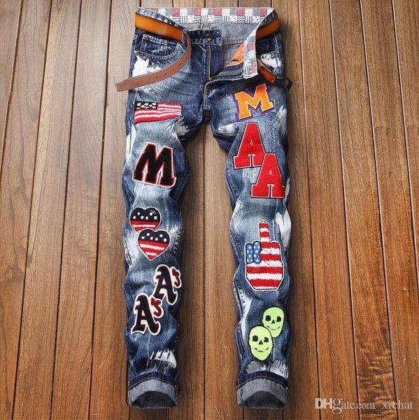 mens more badge washed luxury jeans fashion designer sreetwear slim fit painted biker denim pants trousers big size 896, Blue
mens more badge washed luxury jeans fashion designer sreetwear slim fit painted biker denim pants trousers big size 896, Blue
