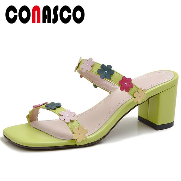 conasco women sandals pumps slippers summer new high heels flowers appliques fashion sweet elegant casual wedding shoes woman, Black