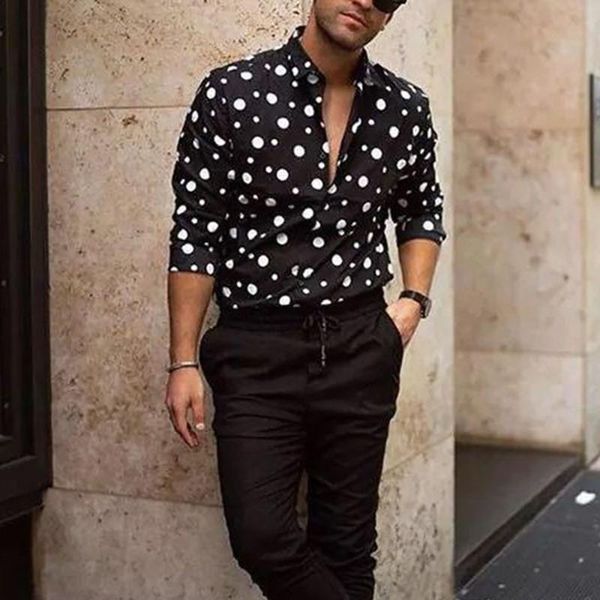 work shirts office mens blouse polka dot printed casual shirt summer beach, White;black
work shirts office mens blouse polka dot printed casual shirt summer beach, White;black