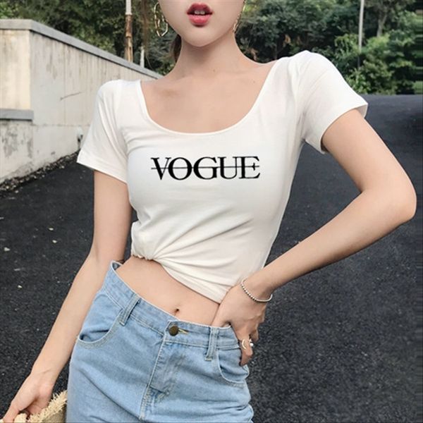 2020 big neckline letter printing black t-shirt women's short sleeve summer cotton u collar tight t-shirt low collar slim top, White
2020 big neckline letter printing black t-shirt women's short sleeve summer cotton u collar tight t-shirt low collar slim top, White