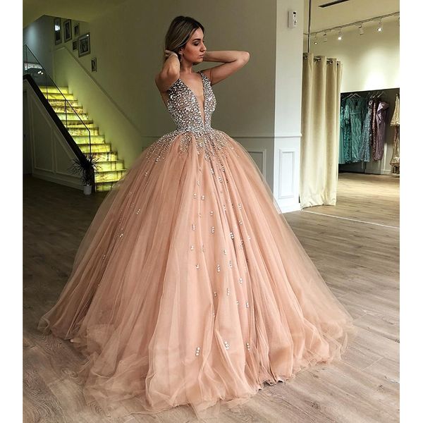 luxury crystals ball gown prom dresses illusion v neck champagne tulle plus size sequined sweet 16 arabic dubai quinceanera, Blue;red 
luxury crystals ball gown prom dresses illusion v neck champagne tulle plus size sequined sweet 16 arabic dubai quinceanera, Blue;red