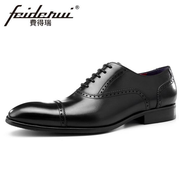 

2019 vintage genuine leather men's handmade carved wedding oxfords square toe man formal dress semi brogue welted shoes bql107, Black