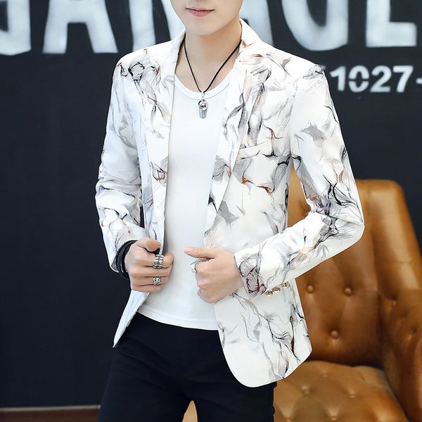 2020 men's autumn new slim printed blazer youth fashion handsome single button blazer, White;black
2020 men's autumn new slim printed blazer youth fashion handsome single button blazer, White;black