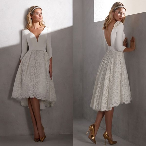 valerio luna short wedding dresses v neck long sleeve lace backless high low bridal gowns plus size beach robe de mariée, White
valerio luna short wedding dresses v neck long sleeve lace backless high low bridal gowns plus size beach robe de mariée, White