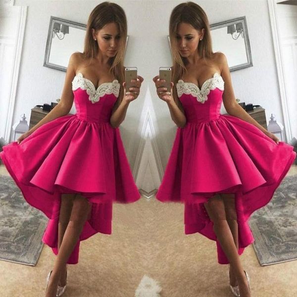 2020 modest fuschia satin ruched high low short prom dresses with white applique sweetheart cocktail party homecoming dress bride, Black
2020 modest fuschia satin ruched high low short prom dresses with white applique sweetheart cocktail party homecoming dress bride, Black