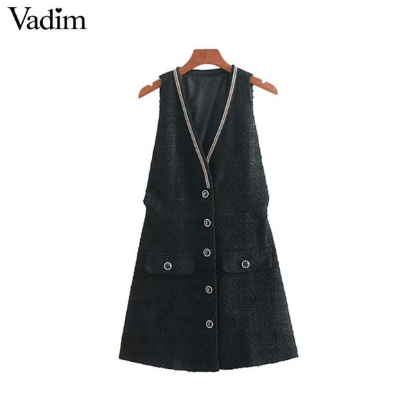 Vadim women V neck tweed mini dress buttons chains decoration sleeveless vintage female casual chic dresses vestidos QA754
Vadim women V neck tweed mini dress buttons chains decoration sleeveless vintage female casual chic dresses vestidos QA754