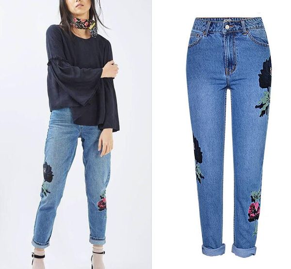 european&american solid applique flower embroidery jeans fashion women's high-waisted straight denim pnats, Blue
european&american solid applique flower embroidery jeans fashion women's high-waisted straight denim pnats, Blue