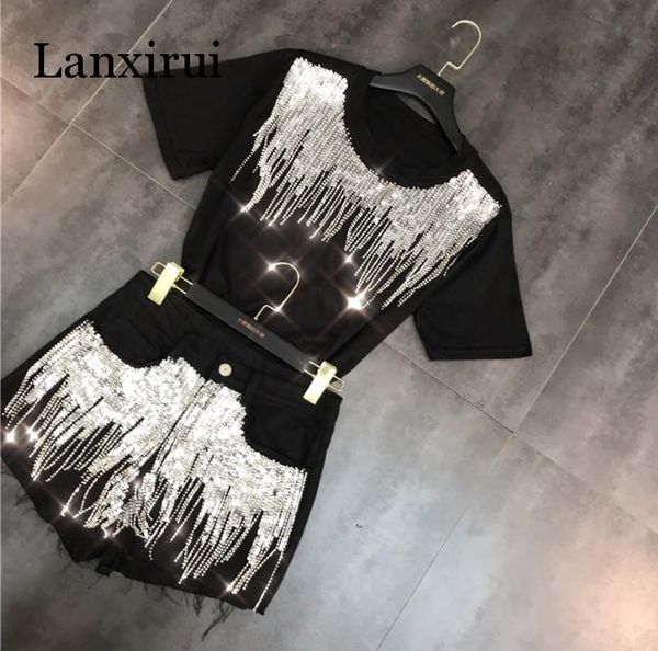 2020 spring clothes new heavy sequins tassel black t-shirt + denim shorts pants two piece student girl fashion jean shorts set, White
2020 spring clothes new heavy sequins tassel black t-shirt + denim shorts pants two piece student girl fashion jean shorts set, White