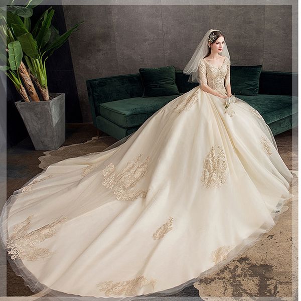romantic champagne color v-neck wedding gown dress bridal a line lace appliques long tail wdding dress with tassel half sleeve and lace up, White
romantic champagne color v-neck wedding gown dress bridal a line lace appliques long tail wdding dress with tassel half sleeve and lace up, White