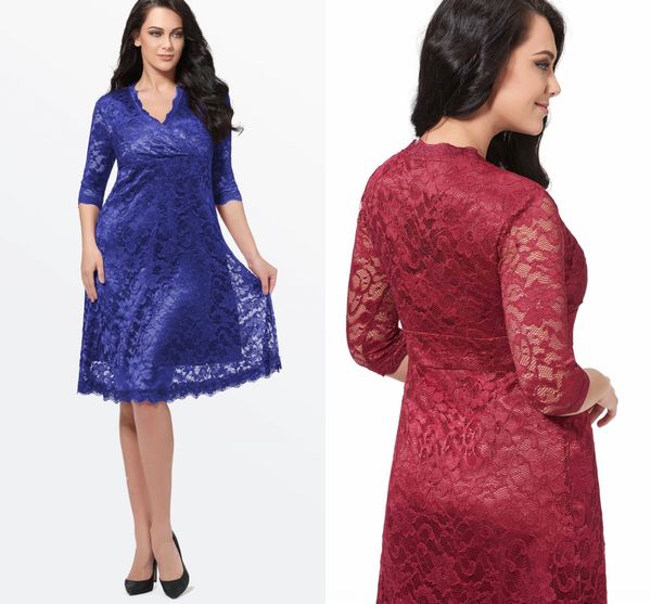 кружева v шеи половина рукава вечерние платья чай длина назад молния вечерние платья плюс размер мать невесты платья для особых случаев hy50, Black;red