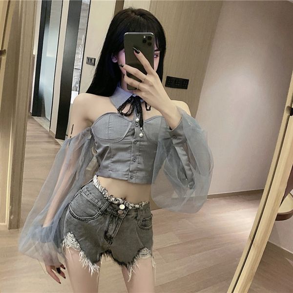 2020 summer new scheming halter clavicle off-shoulder mesh stitching puff sleeve high waist short shirt women, White
2020 summer new scheming halter clavicle off-shoulder mesh stitching puff sleeve high waist short shirt women, White