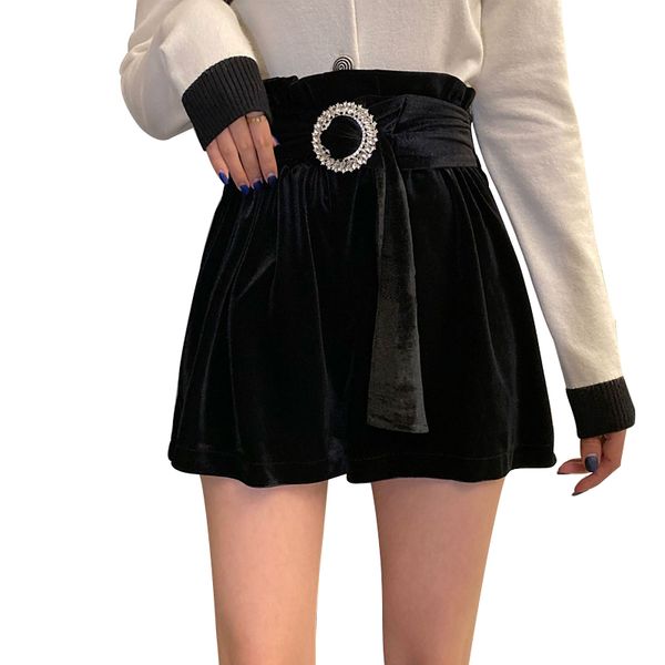 women's shorts skirt high waist diamond buckle belt black velvet wide leg boots short trouser women clothing plus size, White;black
women's shorts skirt high waist diamond buckle belt black velvet wide leg boots short trouser women clothing plus size, White;black