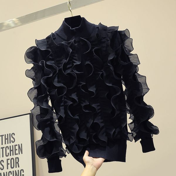 deat 2019 autumn winter long sleeve mesh ruffles turtleneck sweater women jumper 19j-201, White;black
deat 2019 autumn winter long sleeve mesh ruffles turtleneck sweater women jumper 19j-201, White;black