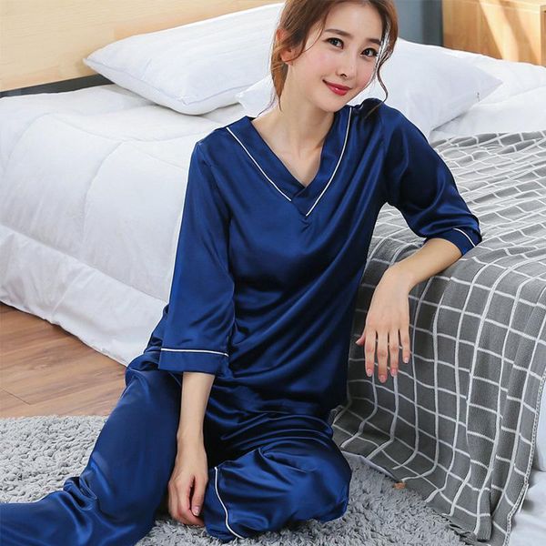 missky new women pajama sets solid color summer v collar thin medium sleeve simulation silk homewear set female sleepwear, Black;red
missky new women pajama sets solid color summer v collar thin medium sleeve simulation silk homewear set female sleepwear, Black;red