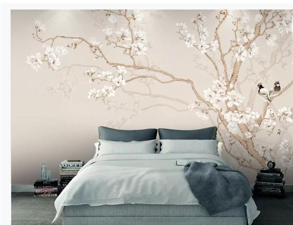 

пользовательские 3d настенные обои простой цвет магнолии ручная роспись цветы и птицы фон стены европейский рисунок декоративная живопись